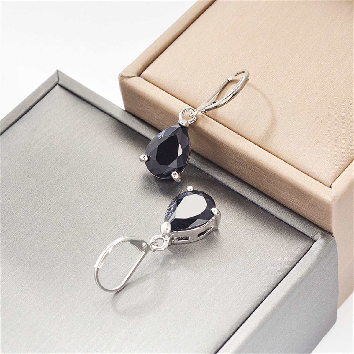 Black Crystal & Silvertone Pear-Cut Drop Earrings