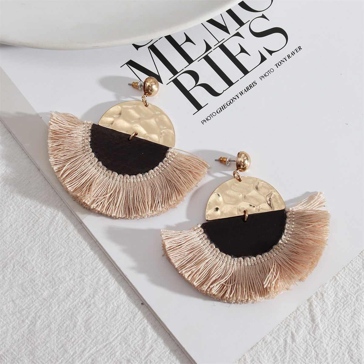 Beige Polyster & Wood Goldtone Patchwork Fan Drop Earrings