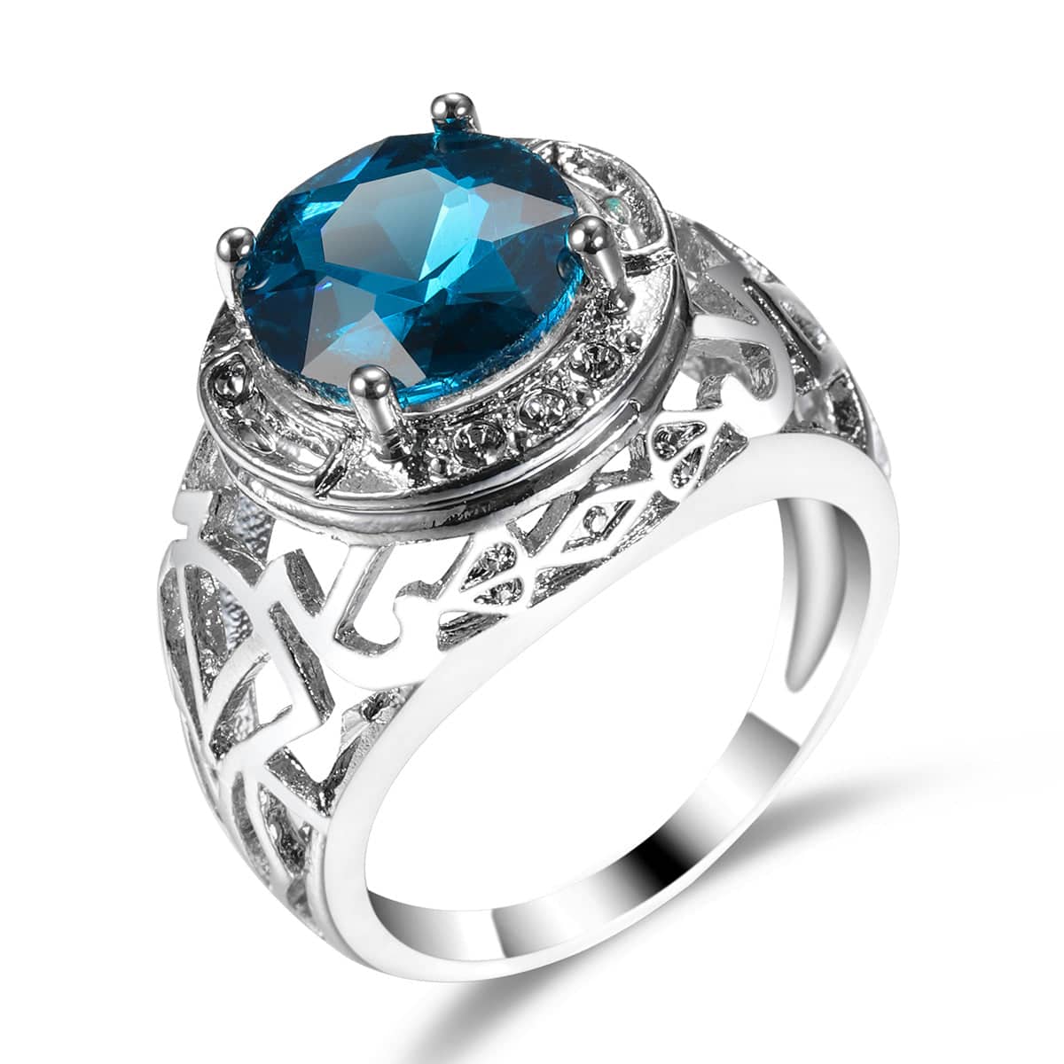 Blue Crystal & Silvertone Filigree Cocktail Ring
