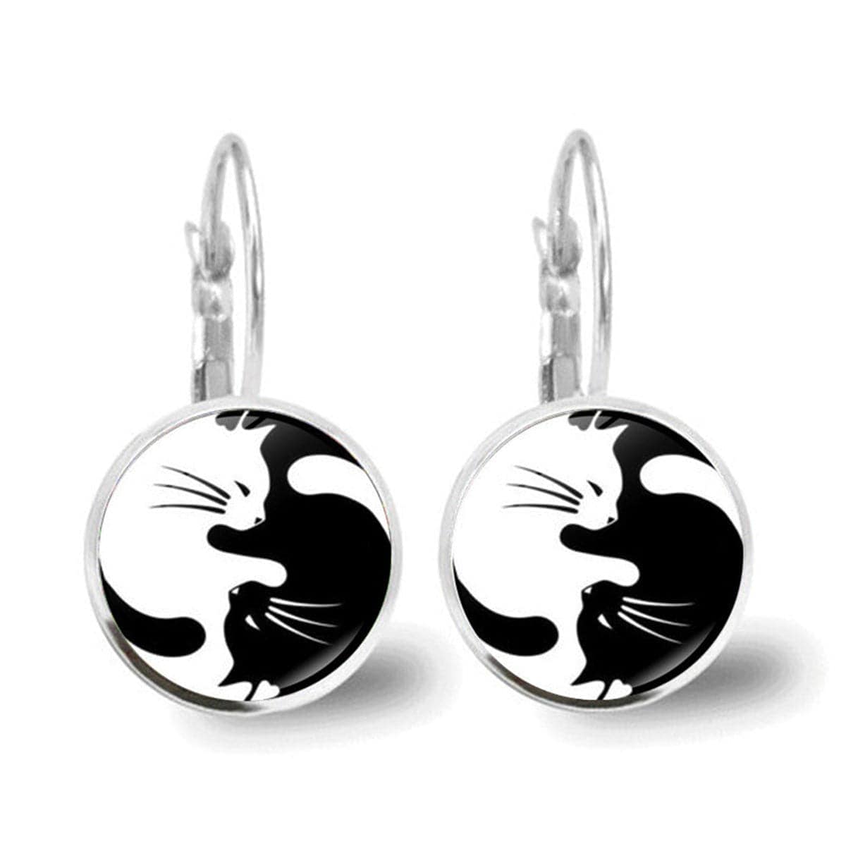 Black & Silvertone Yin Yang Cat Drop Earrings