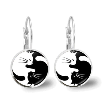 Black & Silvertone Yin Yang Cat Drop Earrings