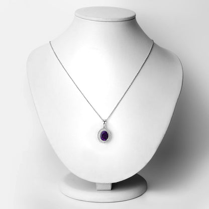 Genuine Amethyst and Lab Diamond Silver Oval Halo Necklace