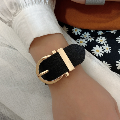 Goldtone Black Leather Belt Buckle Bracelet