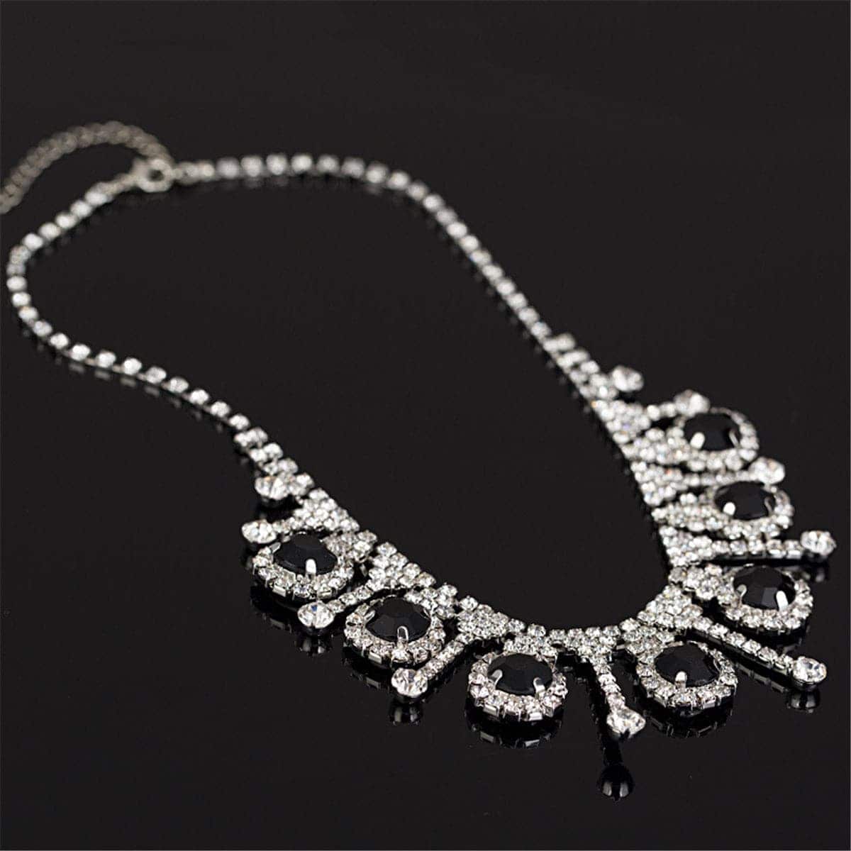 Black & Cubic Zirconia Round Statement Necklace & Drop Earrings