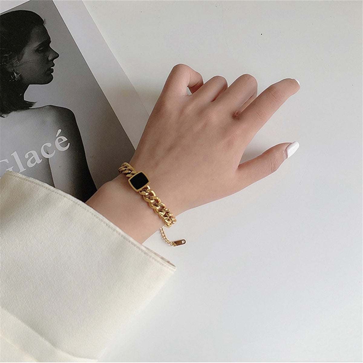 Black Enamel & Goldtone Curb Chain Square Charm Bracelet