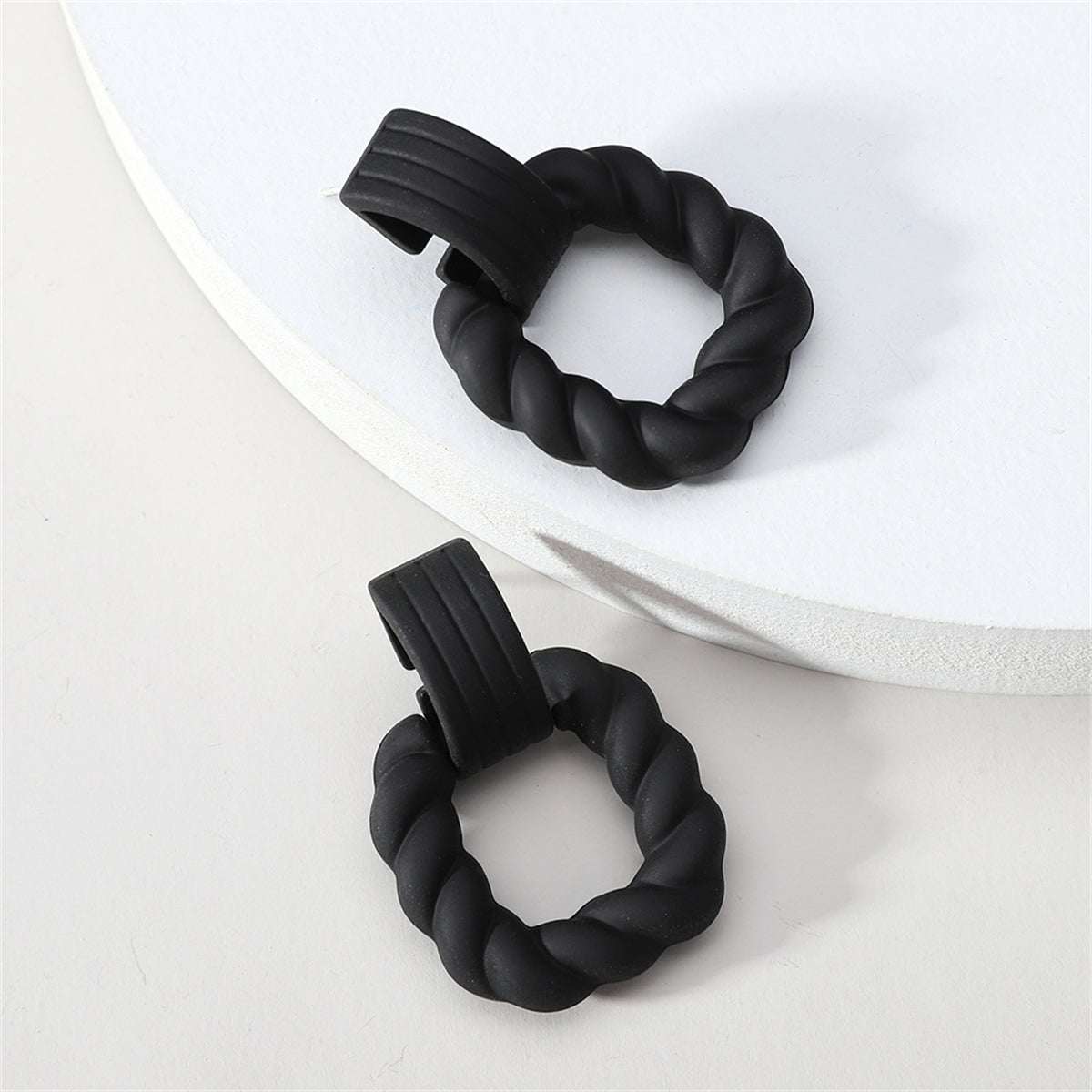 Black Resin & Silvertone Twine Square Drop Earrings