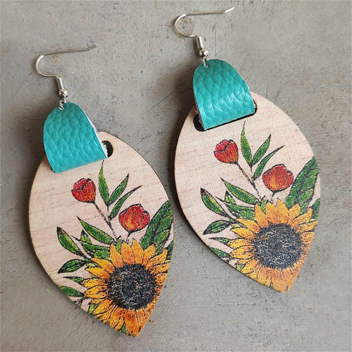 Brown Multicolor Wood & Silvertone Sunflower Drop Earrings