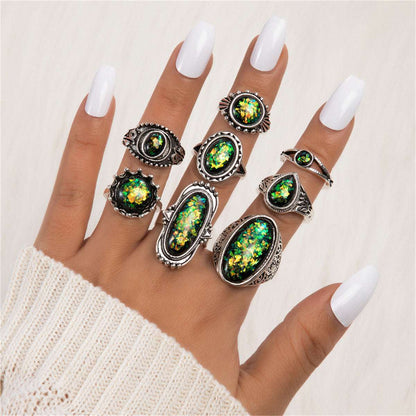 Black & Silvertone Long Oval Ring Set