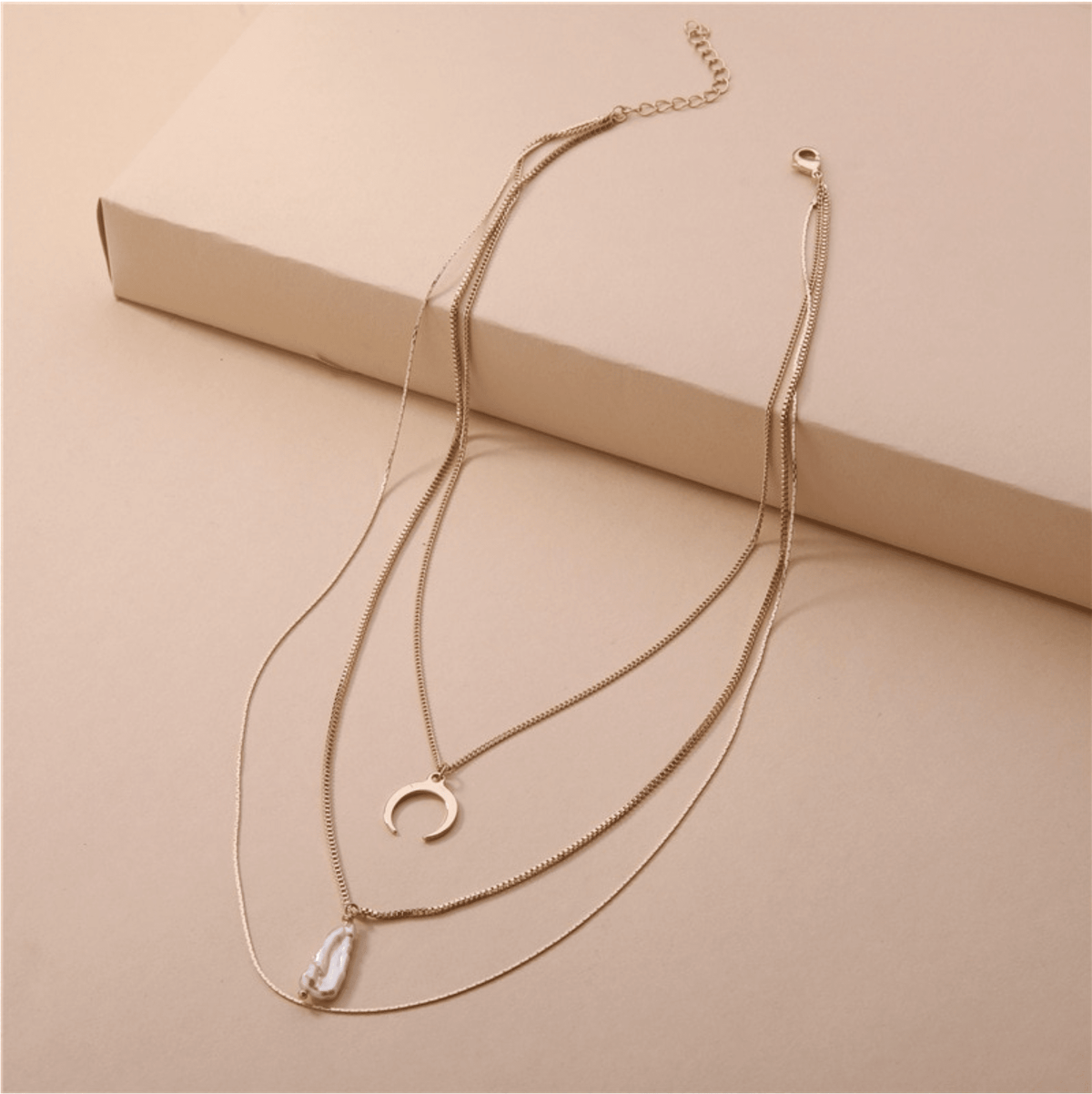 Goldtone Crescent Moon Freshwater Pearl Layered Necklace