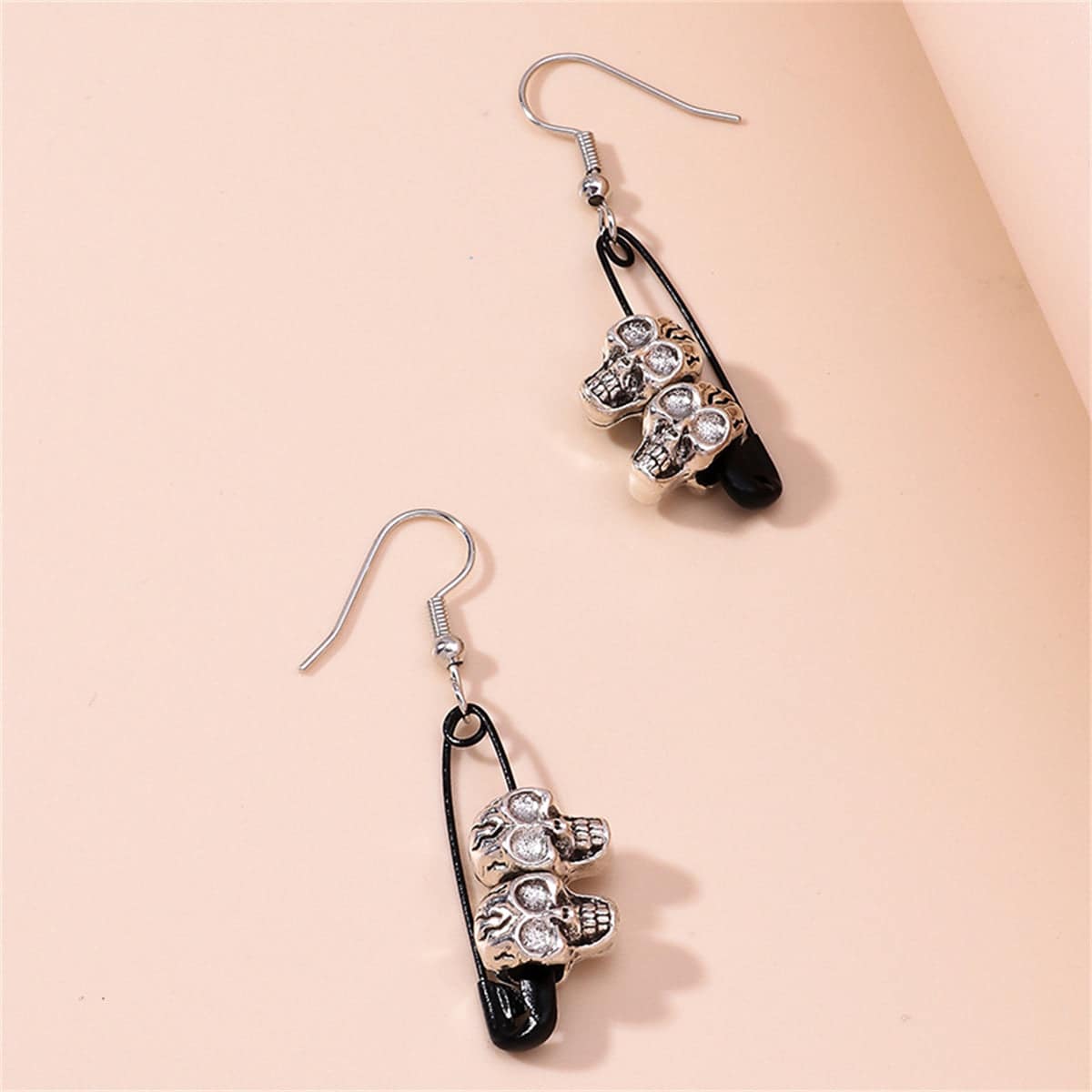 Black & Silvertone Skull Pin Drop Earrings