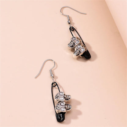 Black & Silvertone Skull Pin Drop Earrings