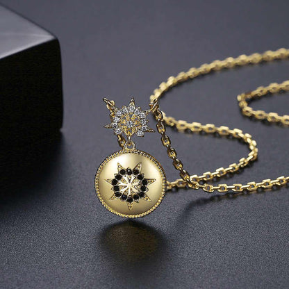 Black Cubic Zirconia & Goldtone Floral Round Pendant Necklace
