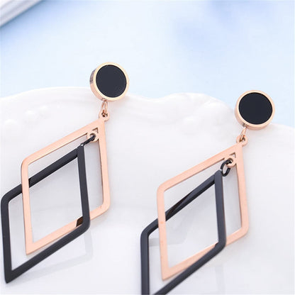 Black Acrylic & Rose Goldtone Rhombus Drop Earrings