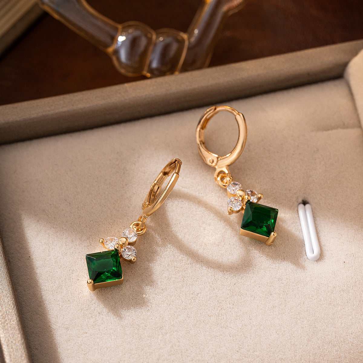 Emerald Crystal & Cubic Zirconia Goldtone Flower Rhombus Huggie Earrings