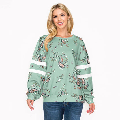 Light Green Paisley Print Dropped Shoulder T-Shirt