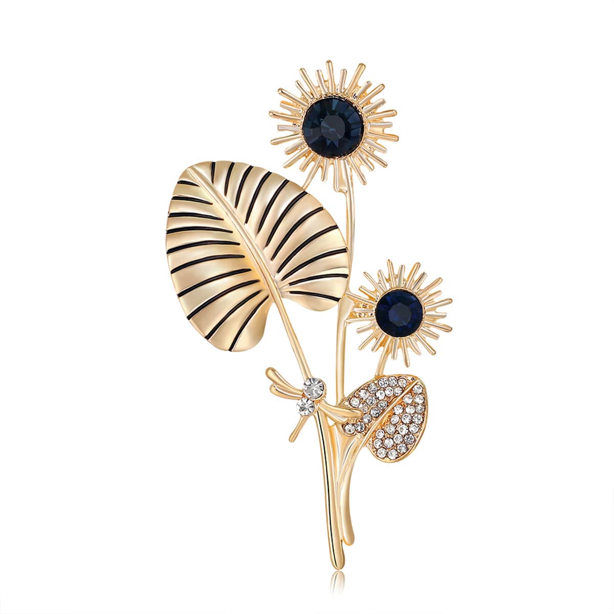 Black Crystal & Cubic Zirconia Goldtone Dragonfly Sunflower Brooch