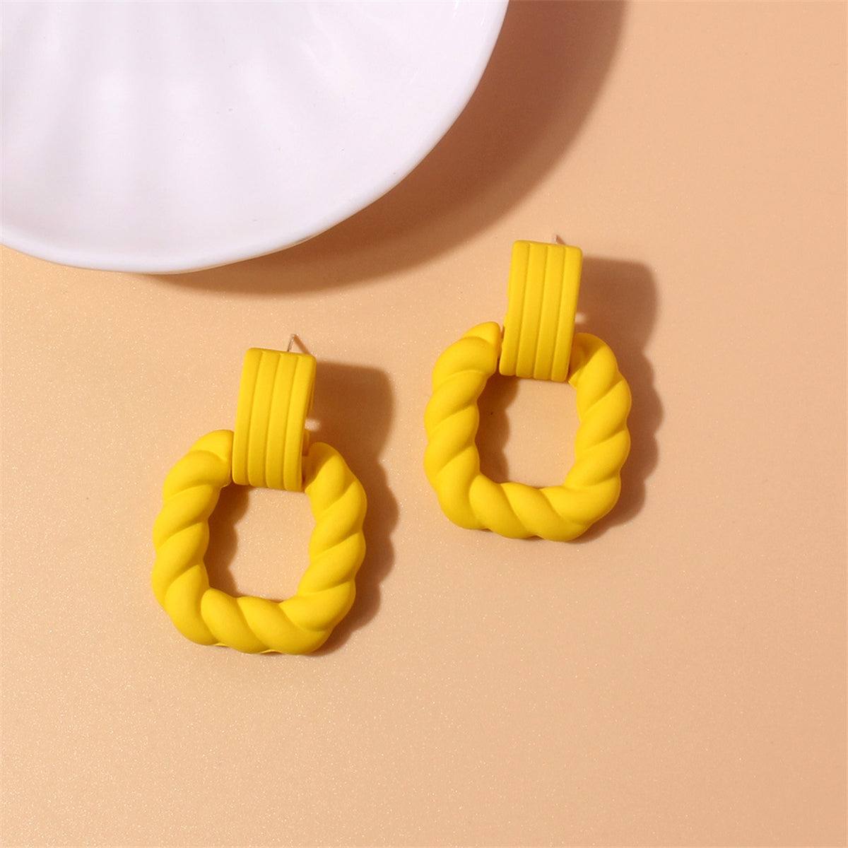 Yellow Resin & Silvertone Twine Square Drop Earrings