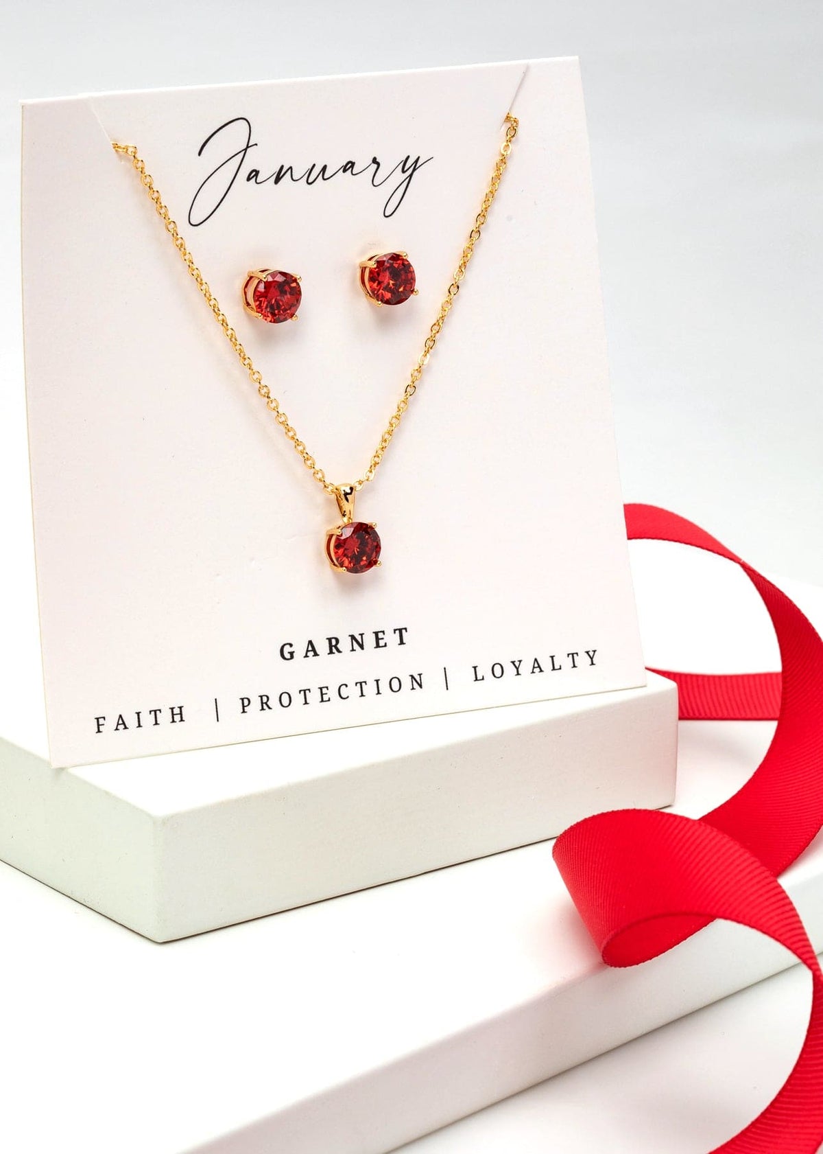 Gold Garnet - January Swarovski Crystal Necklace Earrings – Cz Birthstone Stud Earring Circular Pendant Set