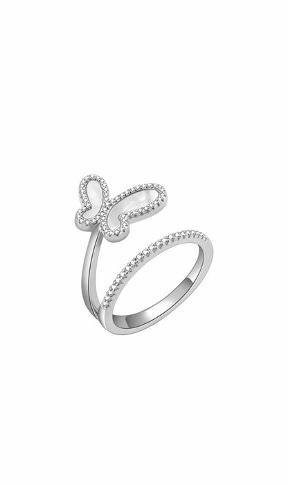 .925 Silver w/ Mother Of Pearl Cubic Zirconia Encrusted Swirl Butterfly Ring Jewelry