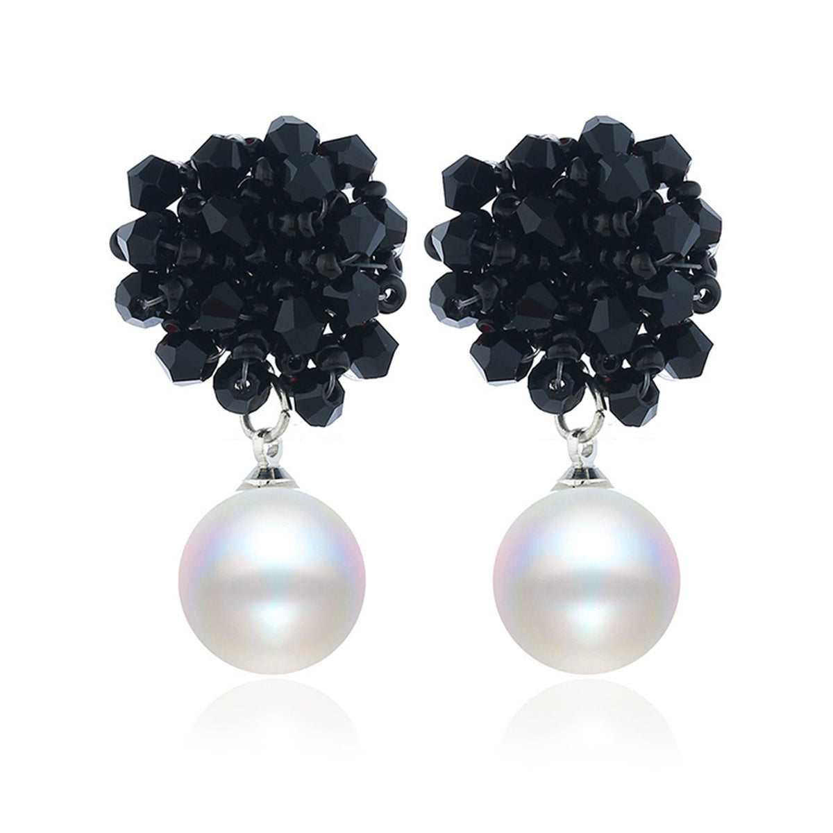 Black Acrylic & Pearl Silvertone Bead Cluster Drop Earrings