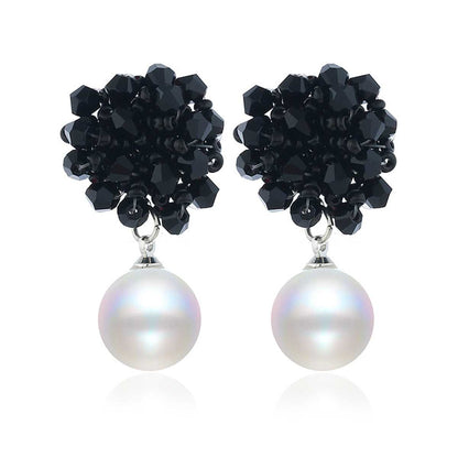 Black Acrylic & Pearl Silvertone Bead Cluster Drop Earrings