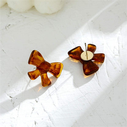 Amber Acrylic & Silvertone Bow Stud Earrings