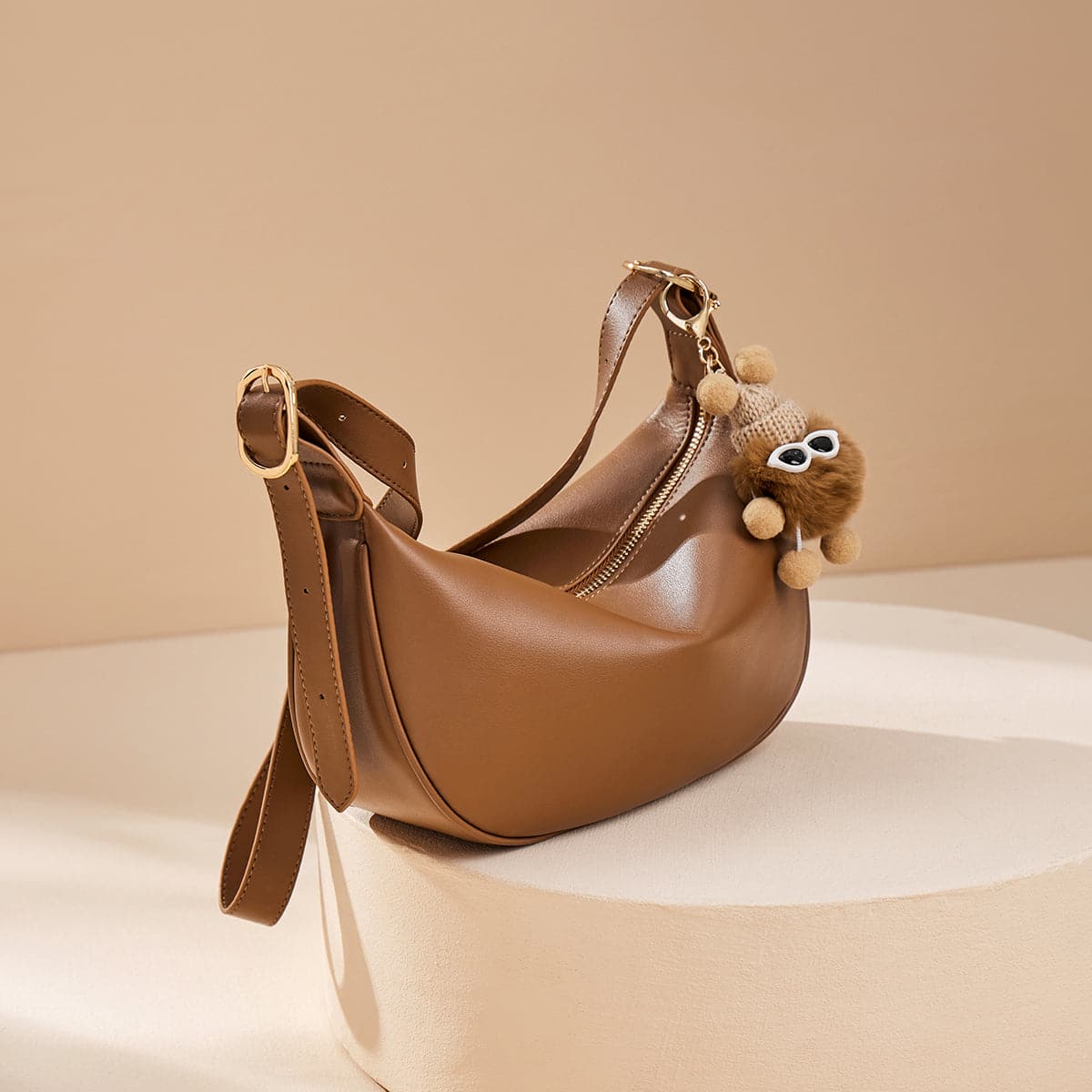 Crescent Leather Crossbody Shoulder Bag with Bear Charm