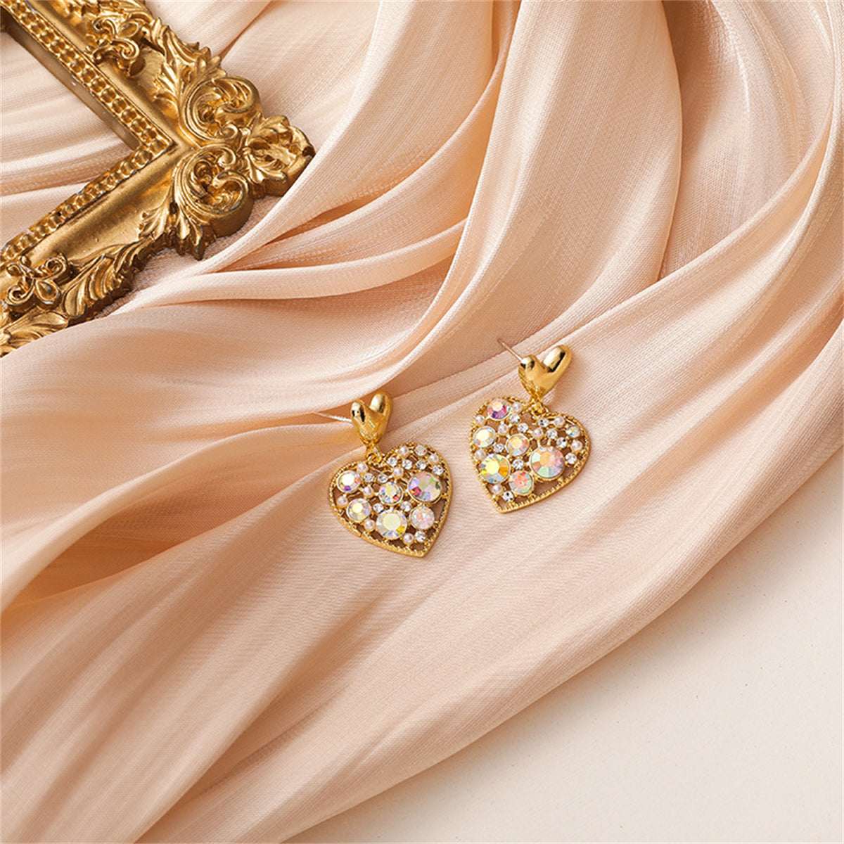 Cubic Zirconia & Goldtone Heart Drop Earrings