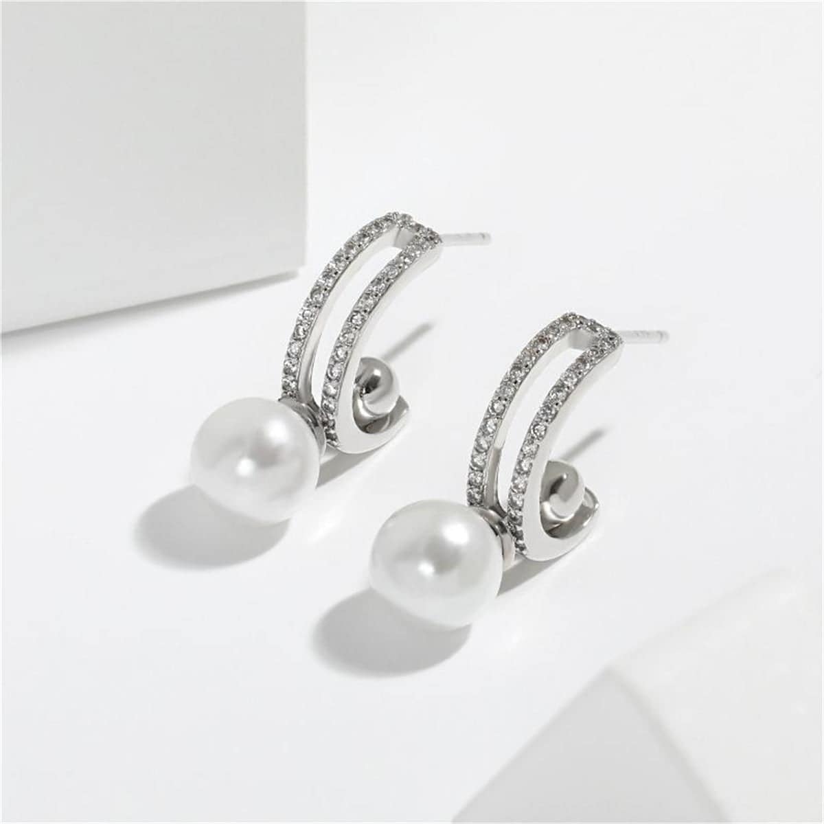 Cubic Zirconia & Pearl Silvertone Curve Drop Earrings