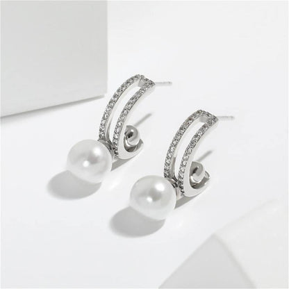 Cubic Zirconia & Pearl Silvertone Curve Drop Earrings