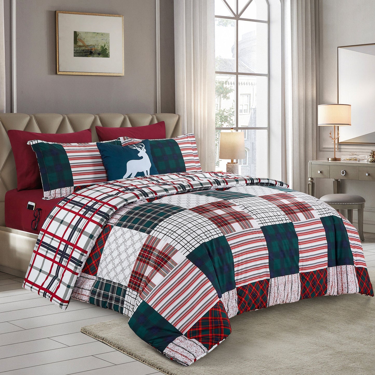 Elegant Comfort 8-Piece Lodge Plaid and Patch Reversible Comforter Set - Includes 4-Piece Sheet Set with Double Sided Storage Pockets