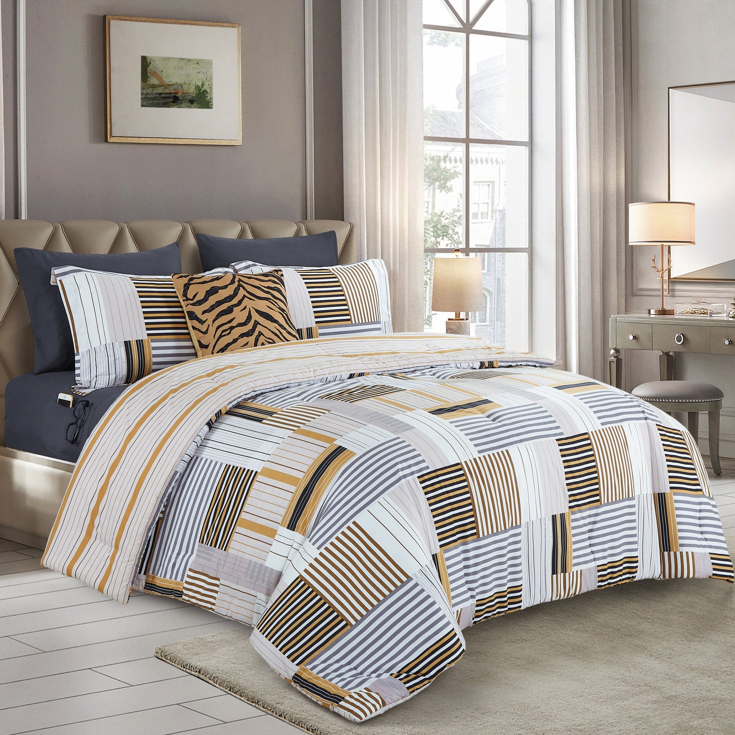 Elegant Comfort 8-Piece Lodge Plaid and Patch Reversible Comforter Set - Includes 4-Piece Sheet Set with Double Sided Storage Pockets
