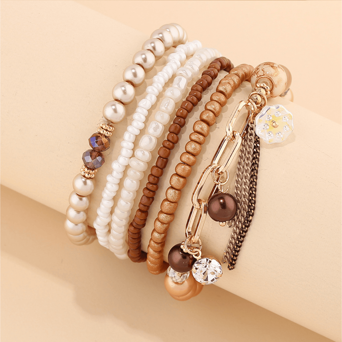 Bronze Metallic White Beaded Bracelet Set