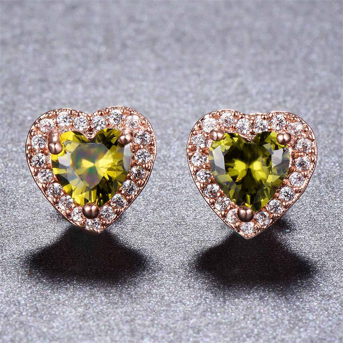 Olive Crystal & Cubic Zirconia Rose Goldtone Halo Heart Stud Earrings