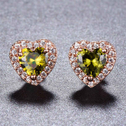 Olive Crystal & Cubic Zirconia Rose Goldtone Halo Heart Stud Earrings