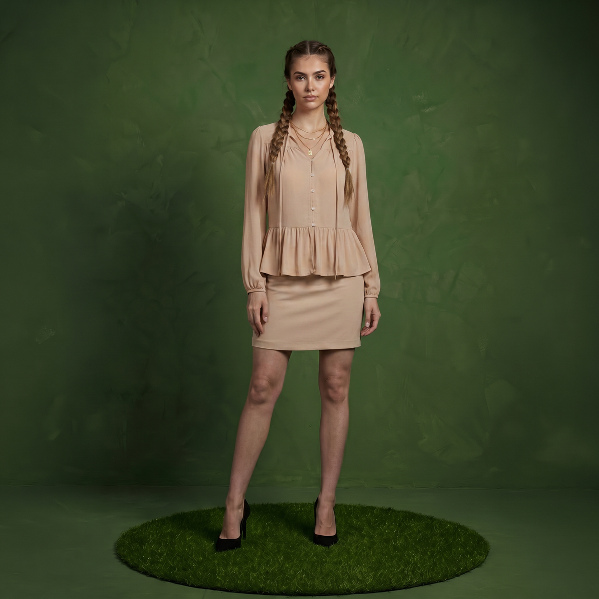 Anna-Kaci Women's Long Sleeve Button Front Peplum Blouse with V-Neckline and Gathered Waist Detail