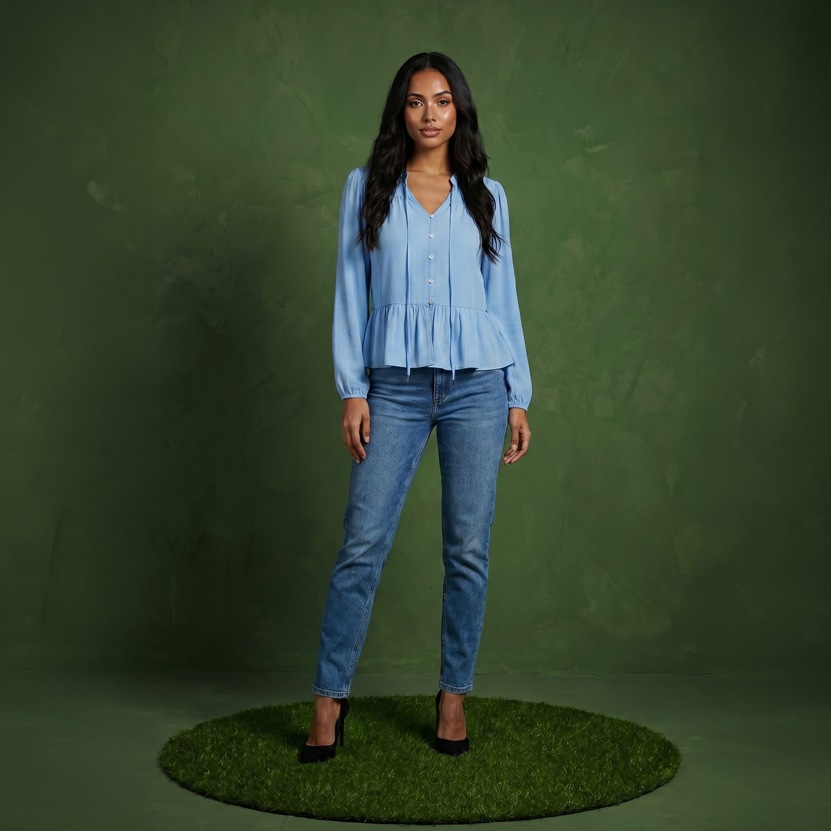 Anna-Kaci Women's Long Sleeve Button Front Peplum Blouse with V-Neckline and Gathered Waist Detail
