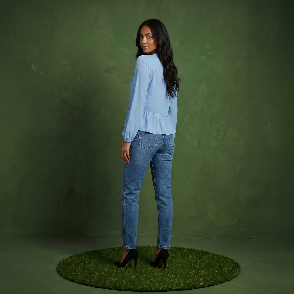 Anna-Kaci Women's Long Sleeve Button Front Peplum Blouse with V-Neckline and Gathered Waist Detail