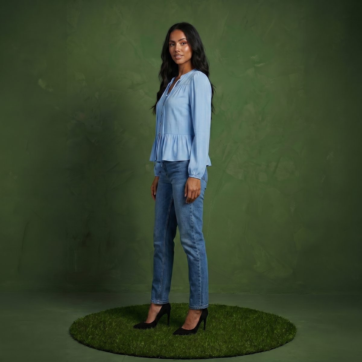 Anna-Kaci Women's Long Sleeve Button Front Peplum Blouse with V-Neckline and Gathered Waist Detail