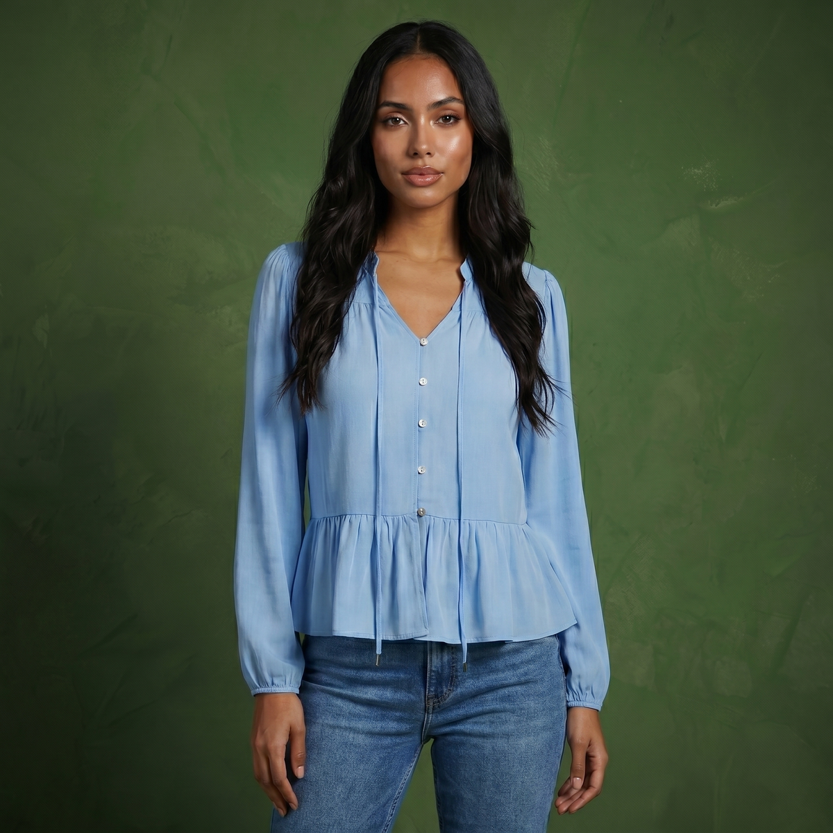 Anna-Kaci Women's Long Sleeve Button Front Peplum Blouse with V-Neckline and Gathered Waist Detail