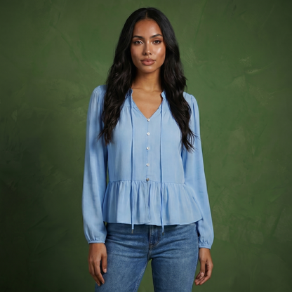 Anna-Kaci Women's Long Sleeve Button Front Peplum Blouse with V-Neckline and Gathered Waist Detail