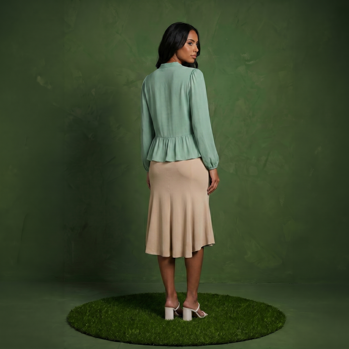 Anna-Kaci Women's Long Sleeve Button Front Peplum Blouse with V-Neckline and Gathered Waist Detail