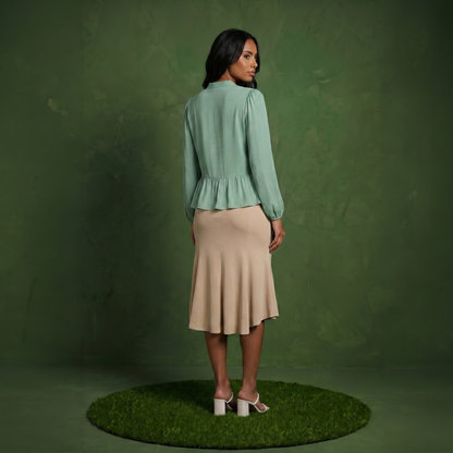 Anna-Kaci Women's Long Sleeve Button Front Peplum Blouse with V-Neckline and Gathered Waist Detail