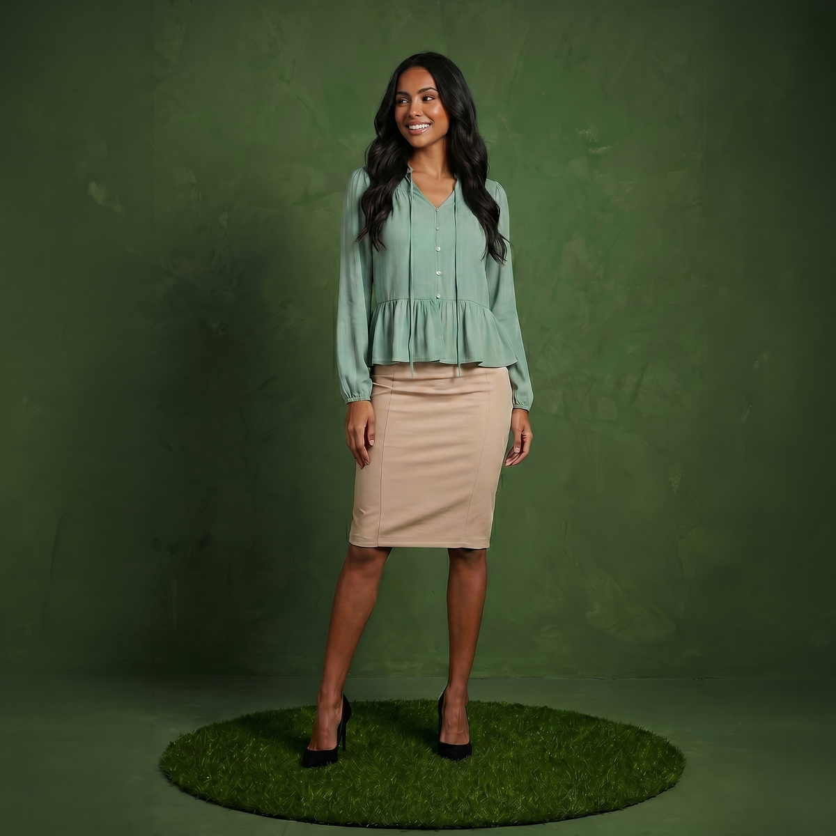 Anna-Kaci Women's Long Sleeve Button Front Peplum Blouse with V-Neckline and Gathered Waist Detail