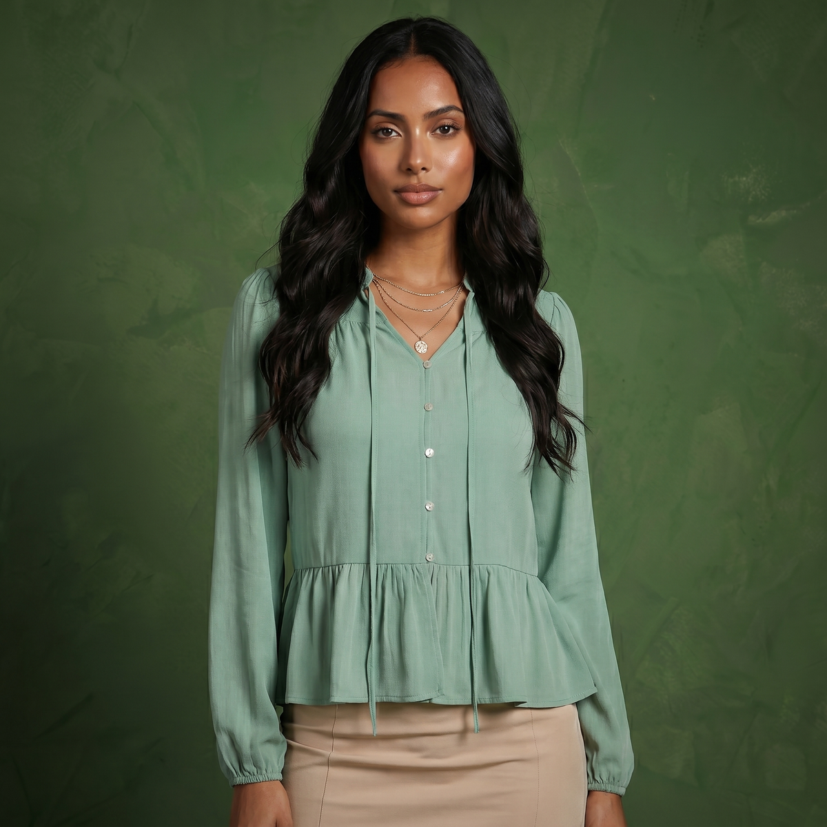 Anna-Kaci Women's Long Sleeve Button Front Peplum Blouse with V-Neckline and Gathered Waist Detail