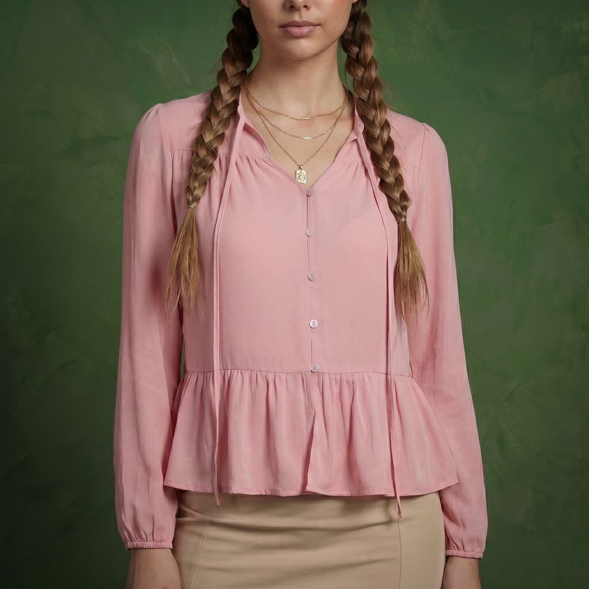 Anna-Kaci Women's Long Sleeve Button Front Peplum Blouse with V-Neckline and Gathered Waist Detail