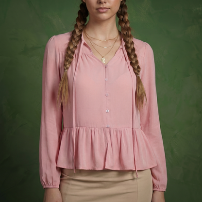 Anna-Kaci Women's Long Sleeve Button Front Peplum Blouse with V-Neckline and Gathered Waist Detail