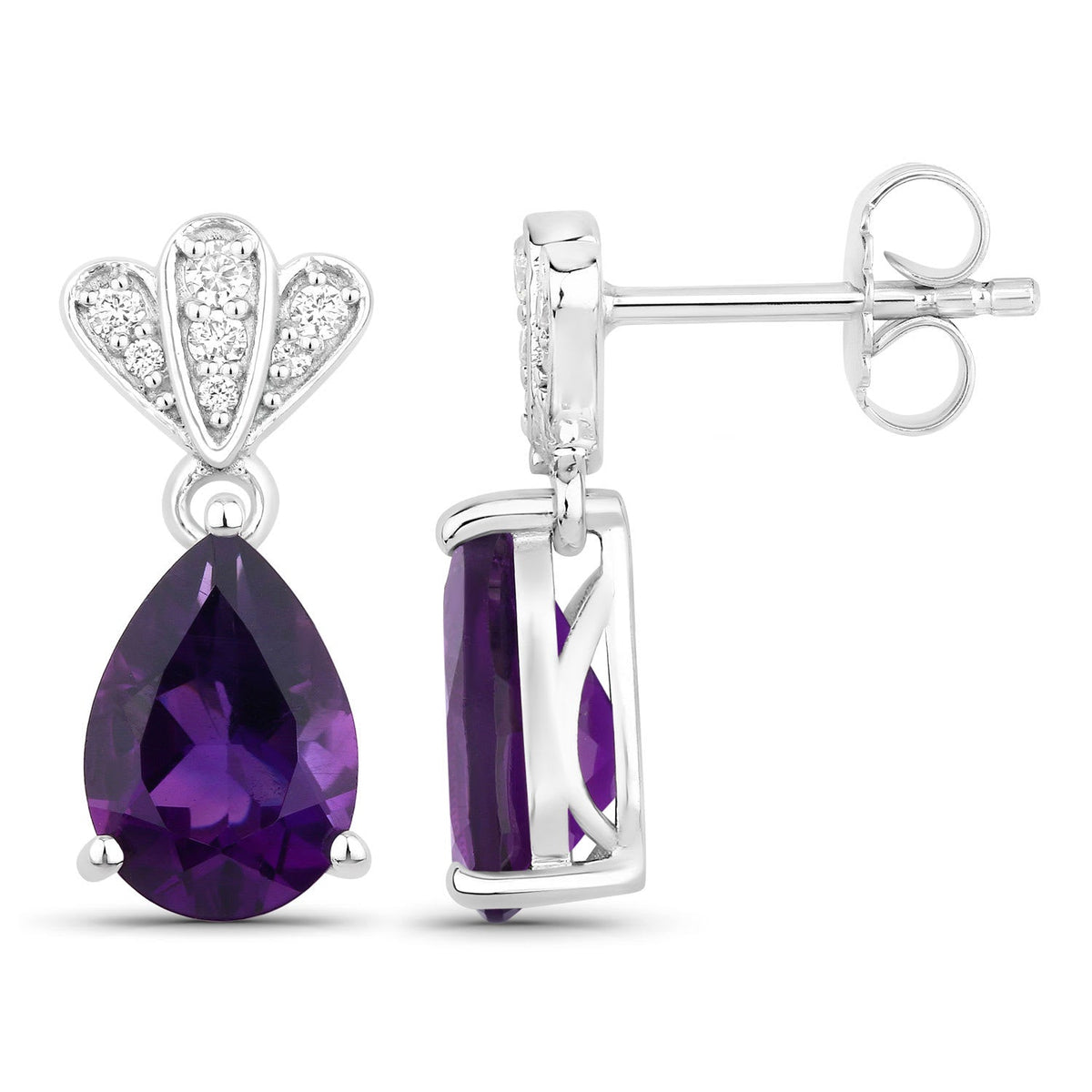Genuine Amethyst and Lab Grown Diamond Silver Dangle Earrings