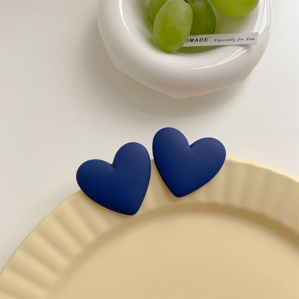 Navy Acrylic & Silvertone Heart Stud Earrings