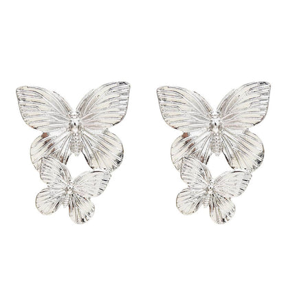 Silvertone Double-Butterfly Dangle Earrings